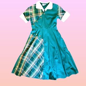 1940s true vintage green color block plaid dress